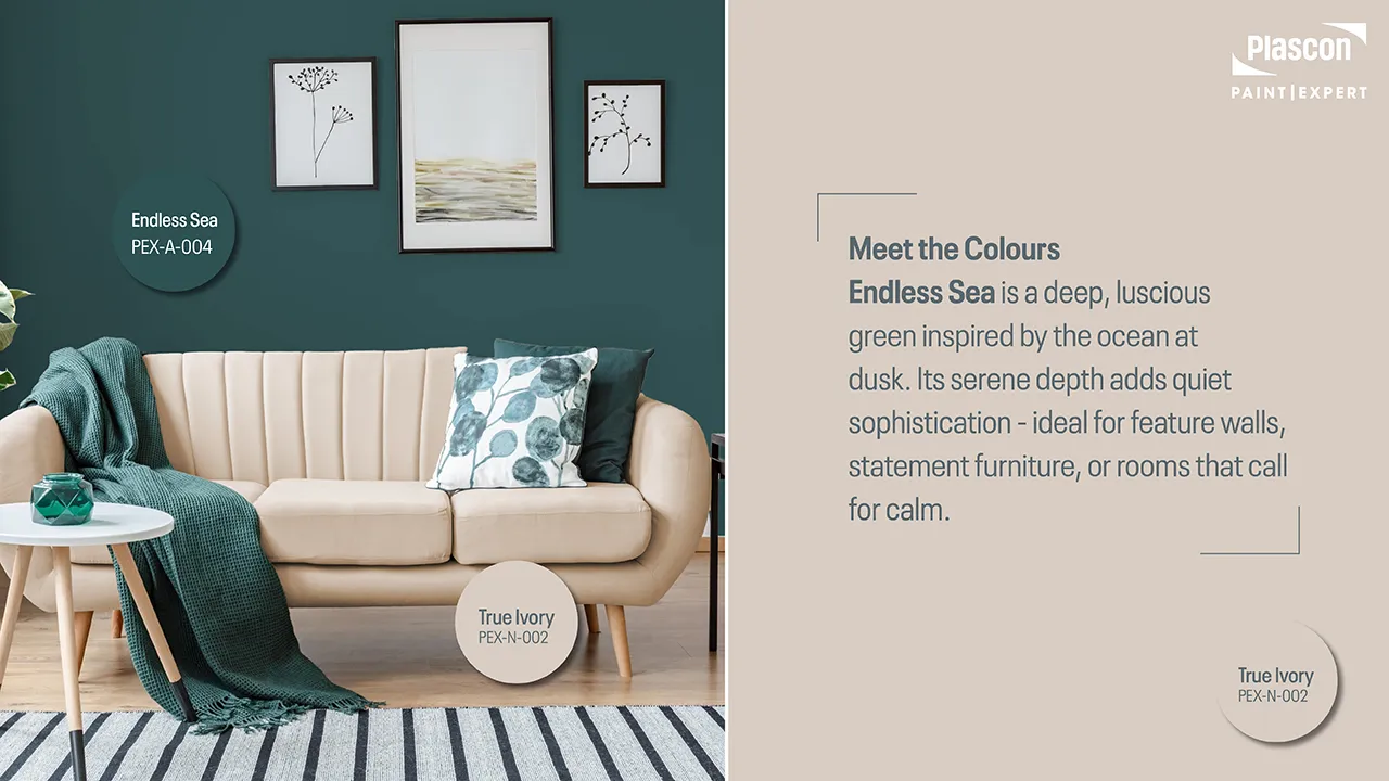 Lounge with Endless Sea feature wall, True Ivory accents, highlighting tinting options at Paint Expert stores.