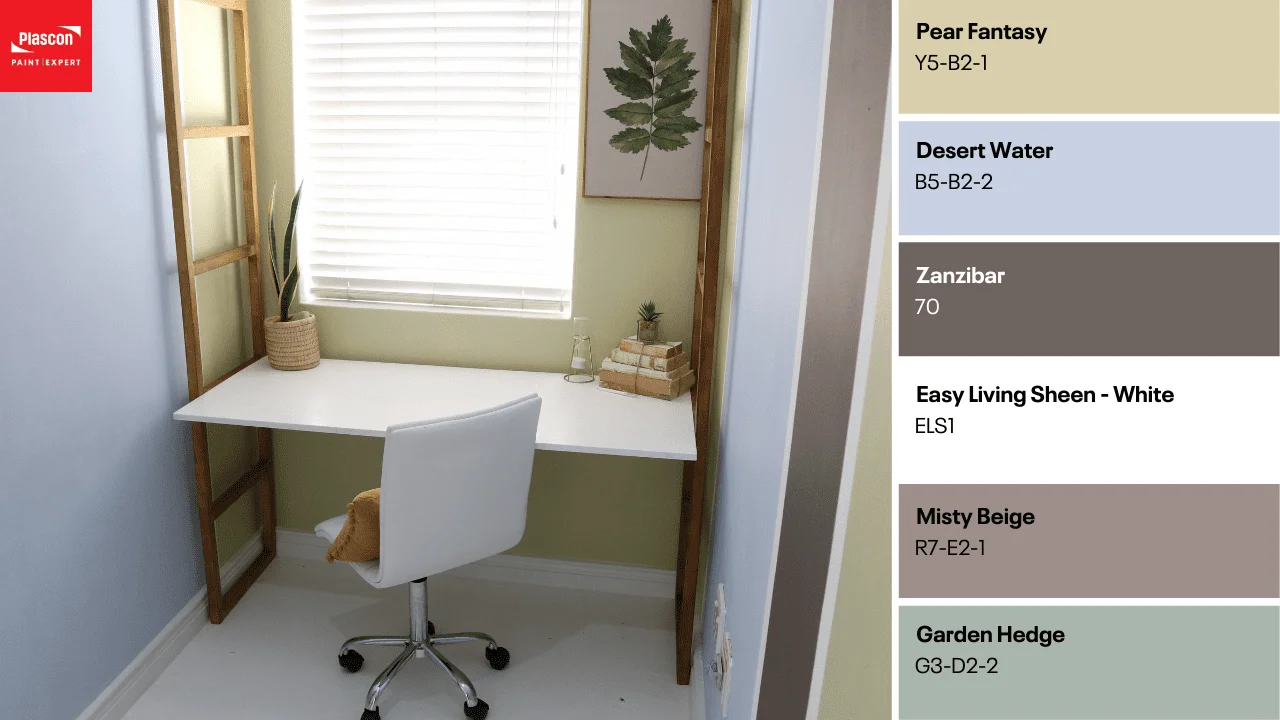 Contemporary Home Office - Pear Fantasy | Desert Water | Zanzibar | Easy Living Sheen - White | Misty Beige | Garden Hedge